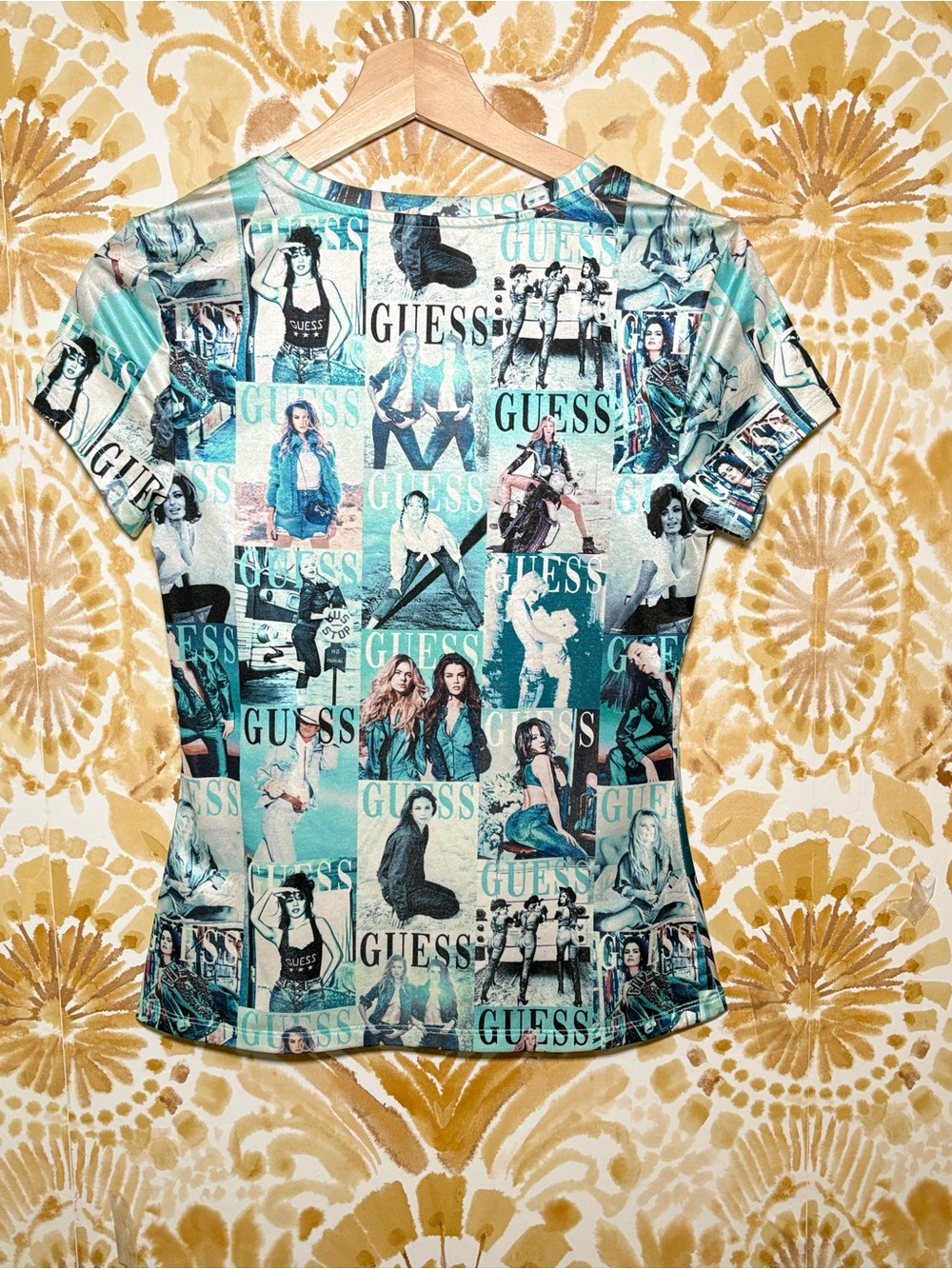 GUESS Graphic Logo Tee | Y2K Baby Tee | Blue Collage Print Fitted T-Shirt - Picture 5 of 10